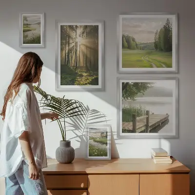 Set van moderne schilderijen met boslandschappen van zon en water
