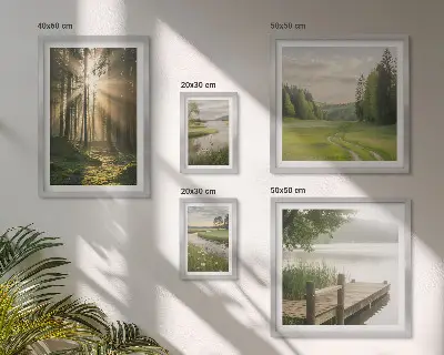 Set van moderne schilderijen met boslandschappen van zon en water