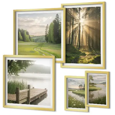 Set van moderne schilderijen met boslandschappen van zon en water