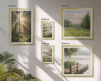 Set van moderne schilderijen met boslandschappen van zon en water