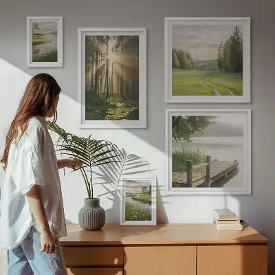 Set van moderne schilderijen met boslandschappen van zon en water