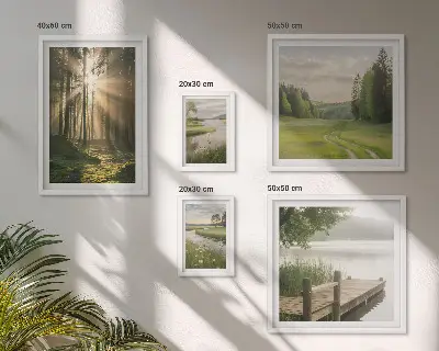 Set van moderne schilderijen met boslandschappen van zon en water