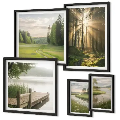 Set van moderne schilderijen met boslandschappen van zon en water