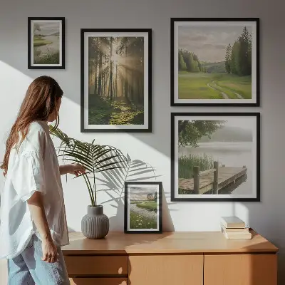 Set van moderne schilderijen met boslandschappen van zon en water