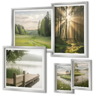 Set van moderne schilderijen met boslandschappen van zon en water