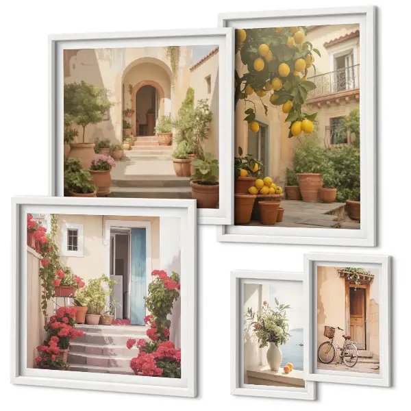 Moderne schilderijen set met straten, bloemen en citrusvruchten in de Provence