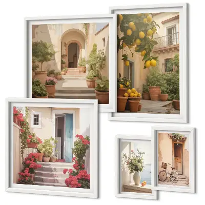 Moderne schilderijen set Straten, bloemen, citrusvruchten, de Provence