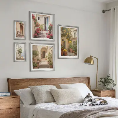 Moderne schilderijen set met straten, bloemen en citrusvruchten in de Provence