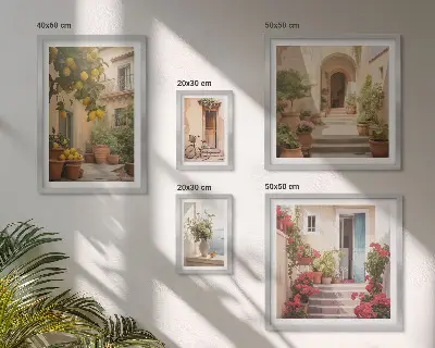 Moderne schilderijen set met straten, bloemen en citrusvruchten in de Provence