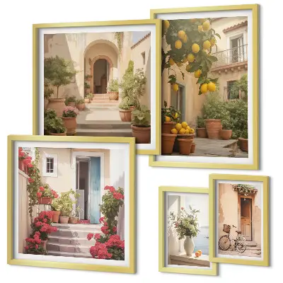 Moderne schilderijen set met straten, bloemen en citrusvruchten in de Provence