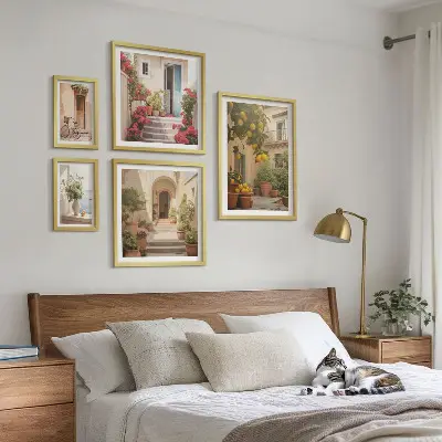 Moderne schilderijen set met straten, bloemen en citrusvruchten in de Provence