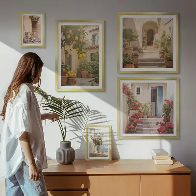 Moderne schilderijen set met straten, bloemen en citrusvruchten in de Provence