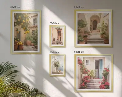 Moderne schilderijen set met straten, bloemen en citrusvruchten in de Provence