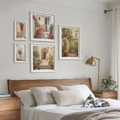 Moderne schilderijen set met straten, bloemen en citrusvruchten in de Provence