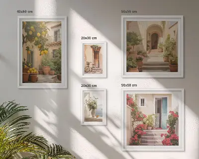 Moderne schilderijen set met straten, bloemen en citrusvruchten in de Provence