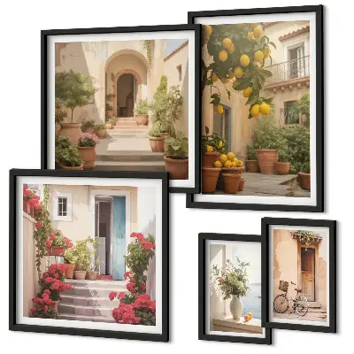 Moderne schilderijen set met straten, bloemen en citrusvruchten in de Provence