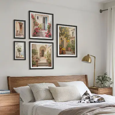 Moderne schilderijen set met straten, bloemen en citrusvruchten in de Provence