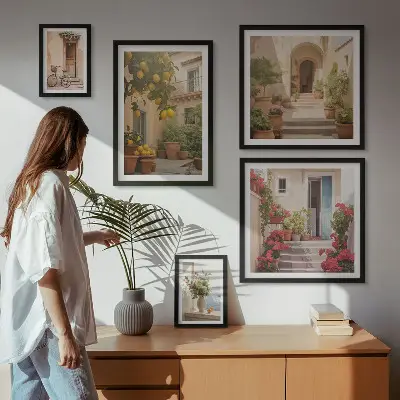 Moderne schilderijen set met straten, bloemen en citrusvruchten in de Provence