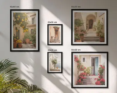 Moderne schilderijen set met straten, bloemen en citrusvruchten in de Provence