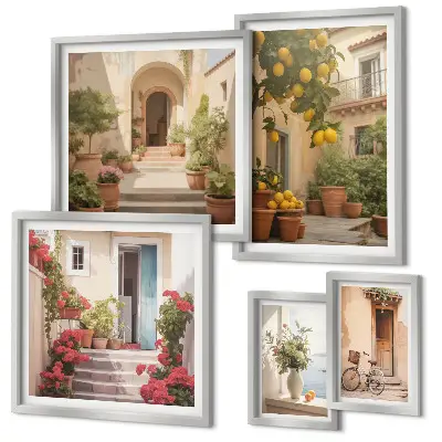 Moderne schilderijen set met straten, bloemen en citrusvruchten in de Provence