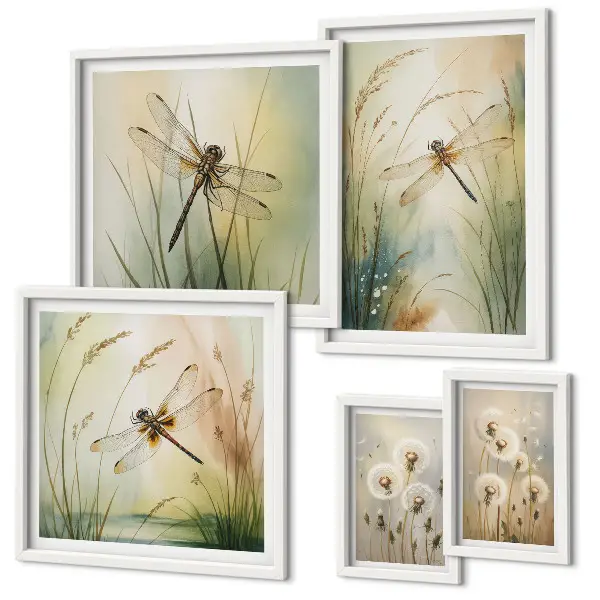 Moderne schilderijenset met boho natuurmotieven en libellen