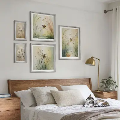 Moderne schilderijenset met boho natuurmotieven en libellen