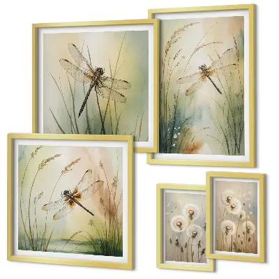 Moderne schilderijenset met boho natuurmotieven en libellen