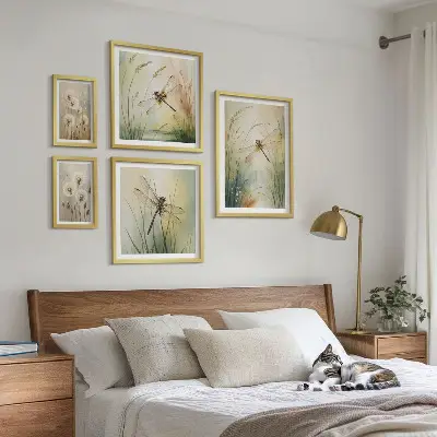 Moderne schilderijenset met boho natuurmotieven en libellen