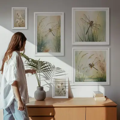 Moderne schilderijenset met boho natuurmotieven en libellen