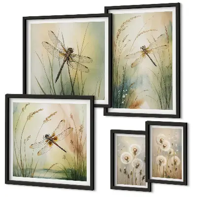 Moderne schilderijenset met boho natuurmotieven en libellen