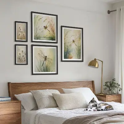 Moderne schilderijenset met boho natuurmotieven en libellen