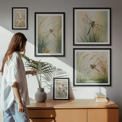Moderne schilderijenset met boho natuurmotieven en libellen
