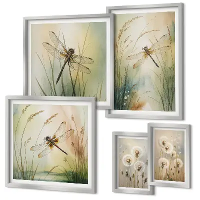 Moderne schilderijenset met boho natuurmotieven en libellen