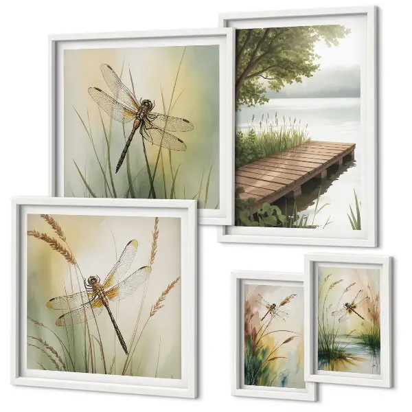 Gallery wall vreedzame landschappen met libellen