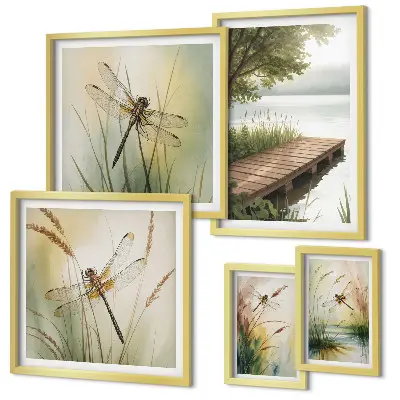 Gallery wall vreedzame landschappen met libellen