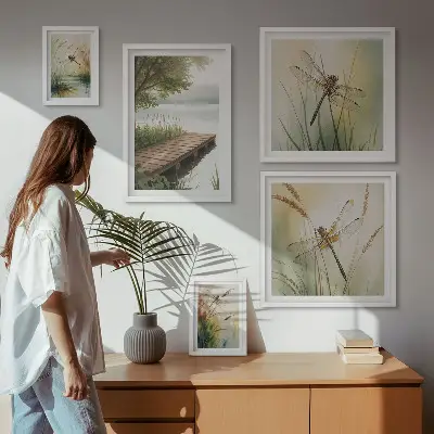 Gallery wall vreedzame landschappen met libellen