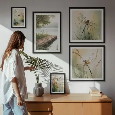 Gallery wall vreedzame landschappen met libellen