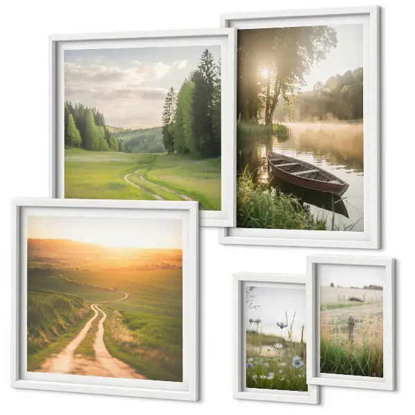 Moderne schilderijen set met landschappen van water en groen