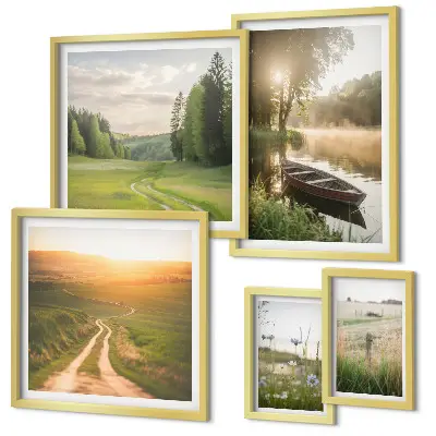 Moderne schilderijen set met landschappen van water en groen
