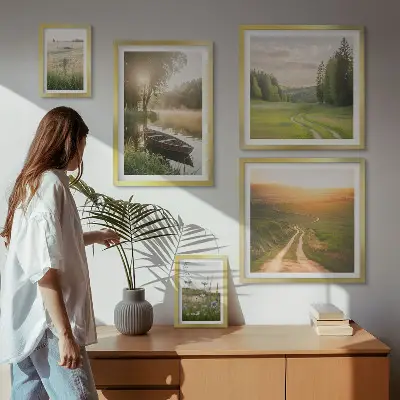Moderne schilderijen set met landschappen van water en groen