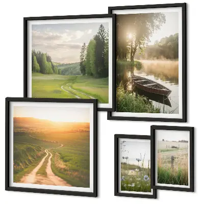 Moderne schilderijen set met landschappen van water en groen