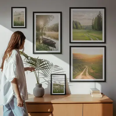 Moderne schilderijen set met landschappen van water en groen
