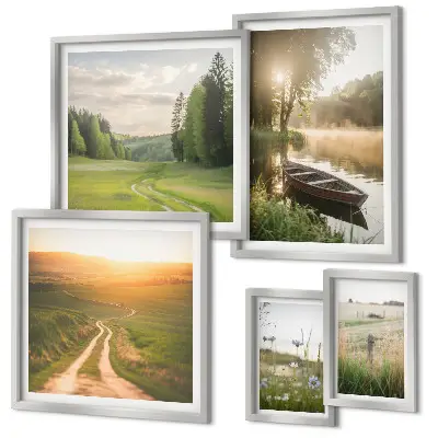 Moderne schilderijen set met landschappen van water en groen