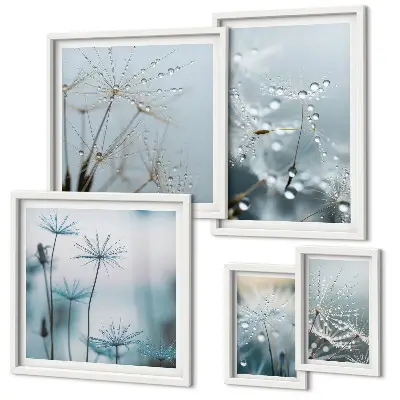 Set van moderne schilderijen met plantmotieven en waterdruppels