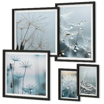 Set van moderne schilderijen met plantmotieven en waterdruppels