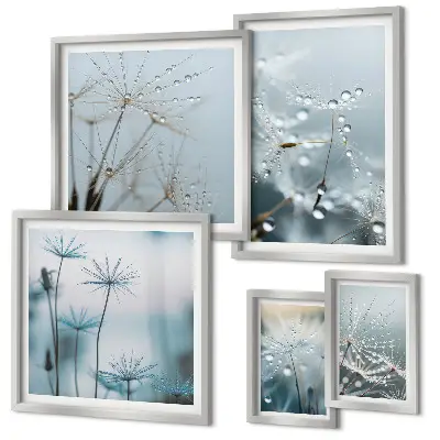 Set van moderne schilderijen met plantmotieven en waterdruppels