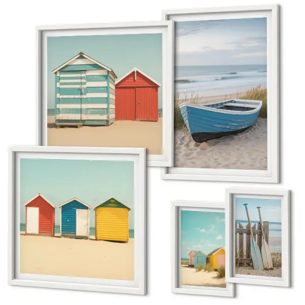 Wanddecoratie compositie uitzicht op zee met huizen en boten