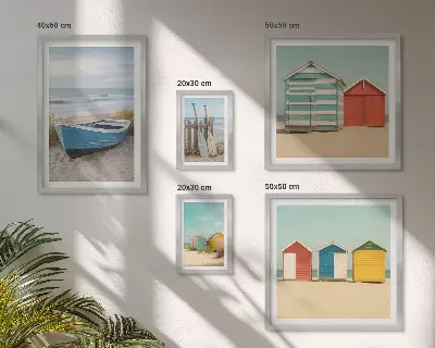 Wanddecoratie compositie uitzicht op zee met huizen en boten