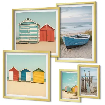 Wanddecoratie compositie uitzicht op zee met huizen en boten