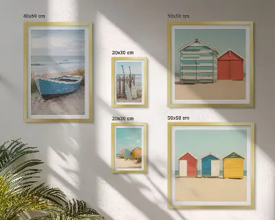 Wanddecoratie compositie uitzicht op zee met huizen en boten